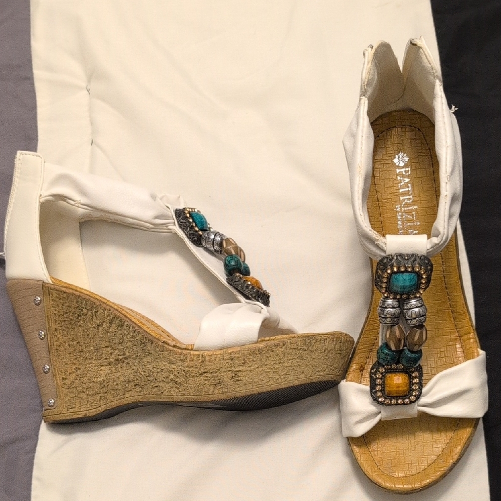 White Beaded Wedge Sandals